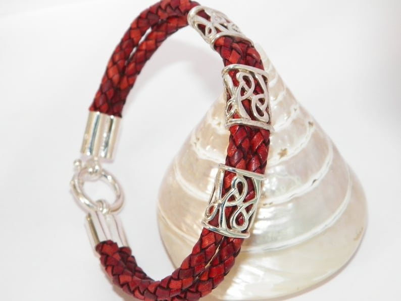 Handcrafted.925 Sterling Silver Elements and Double 6 mm Bolo Braided Leather Bangle Bracelet