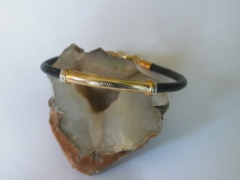 Handcrafted 4mm Leather Cord Bracelet Bangle With .925 Sterling Silver Tube 14 K Gold Plated