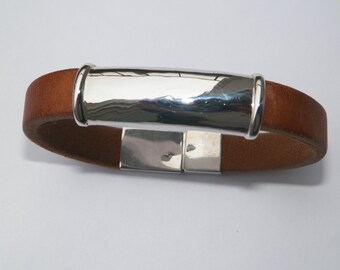 Sterling Silver.925 and Natural Brown Leather Handcrafted Bracelet Bangle Cuff