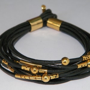 Handcrafted 2 mm Leather Cord Cuff Bangle Bracelet .925 Sterling Silver- 14 K Gold Plated
