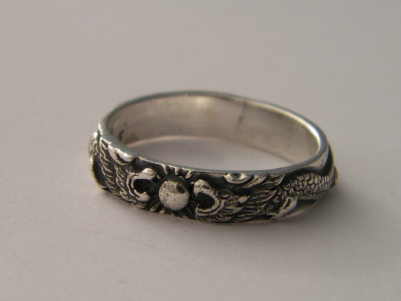 Handcrafted Art 925 Sterling Silver With Two Dragons Design Ring-Custom size