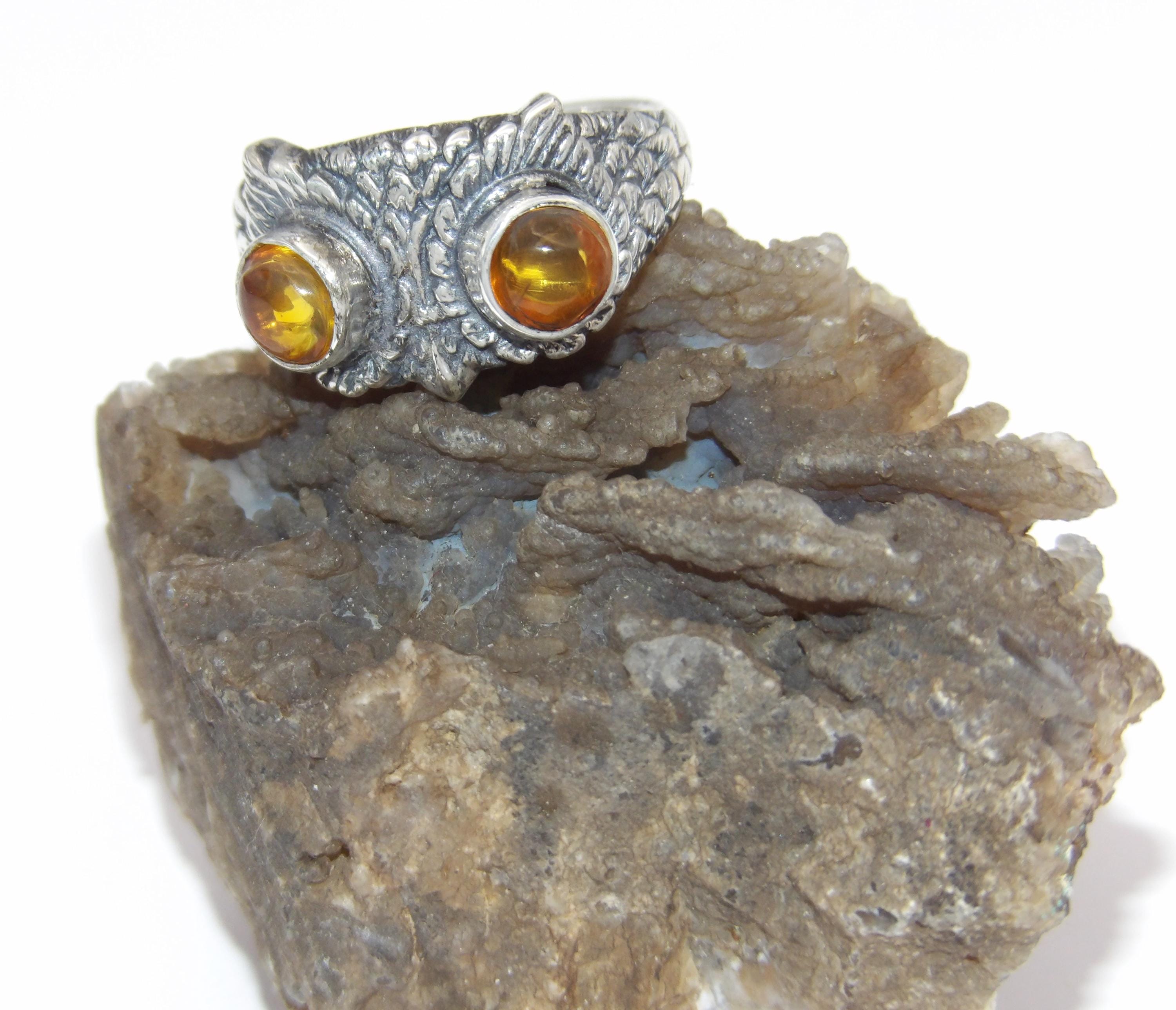Hand made Solid.925 Sterling Silver Oxidized Owl Ring With Baltic Amber Cabochons-Custom size