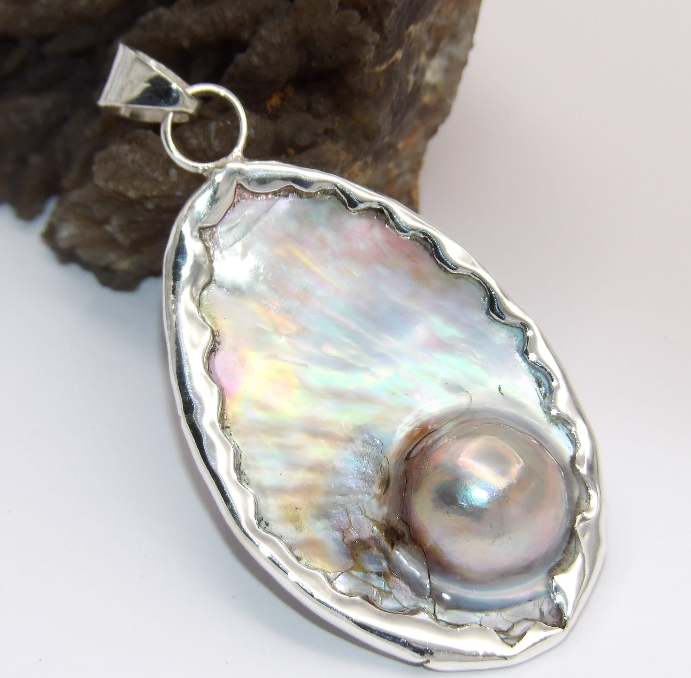 【ヴィンテージ】SILVER マザーオブパール ネックレス Hand Made in USA Unique .999 Fine Silver and Mother of Pearl