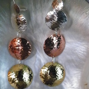 Handcrafted Mixed Metal -.925 Sterling Silver, Copper and Brass Disk Hammered Earrings