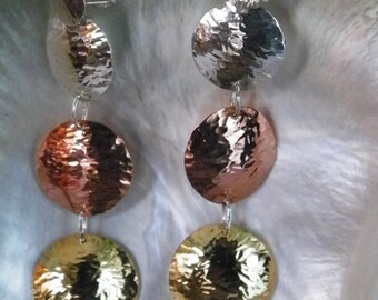 Handcrafted Mixed Metal -.925 Sterling Silver, Copper and Brass Disk Hammered Earrings