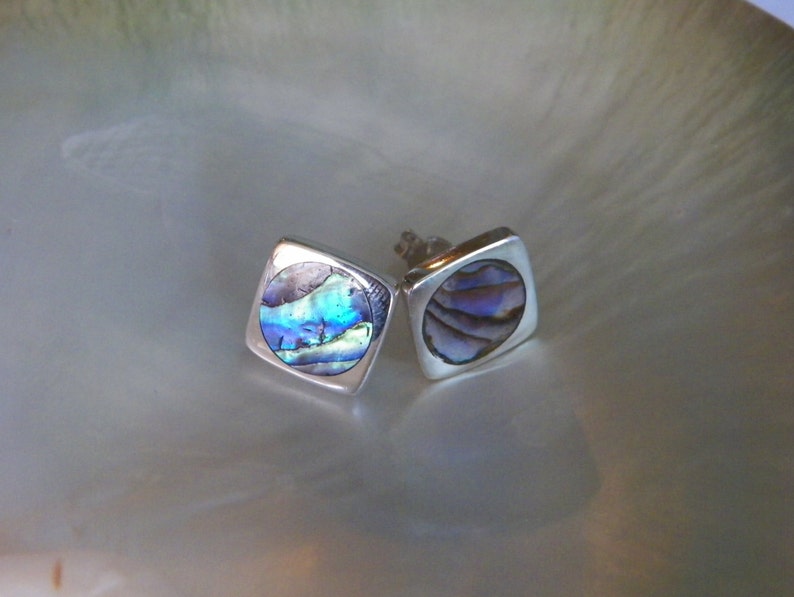 Handcrafted Sterling Silver.925 Stud Earrings With Abalone Shell Mother of Pearl image 2