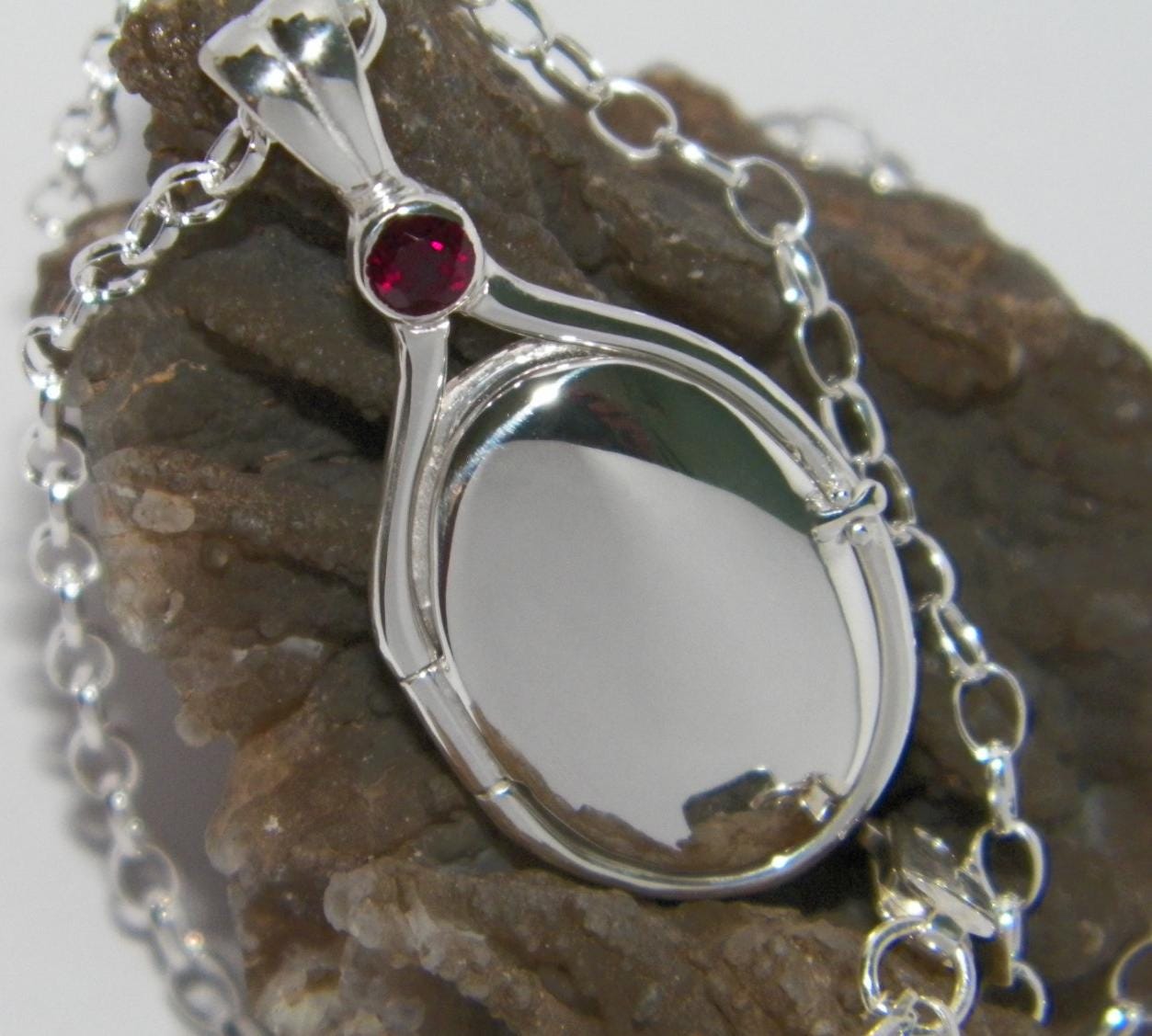 Handmade H2O Locket Sterling Silver: Red Ruby, Photo Pendant, Chain Option Gift Just add Water