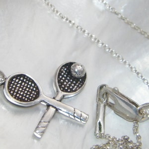 Hand Made 925 Sterling Silver  Tennis Rackets Necklace Pendant with 18.5&quot; Silver Round Rolo Chain