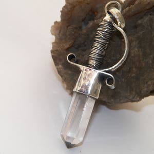 Handcrafted Handmade Oxidized 925 Sterling Silver and Natural White Crystal Sword Pendant