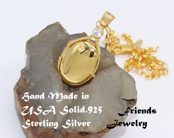 925 Sterling Silver 14K Gold Plated 4mm White CZ Stone Locket H2O Mermaids Necklace Just add Water 14K Gold Plated