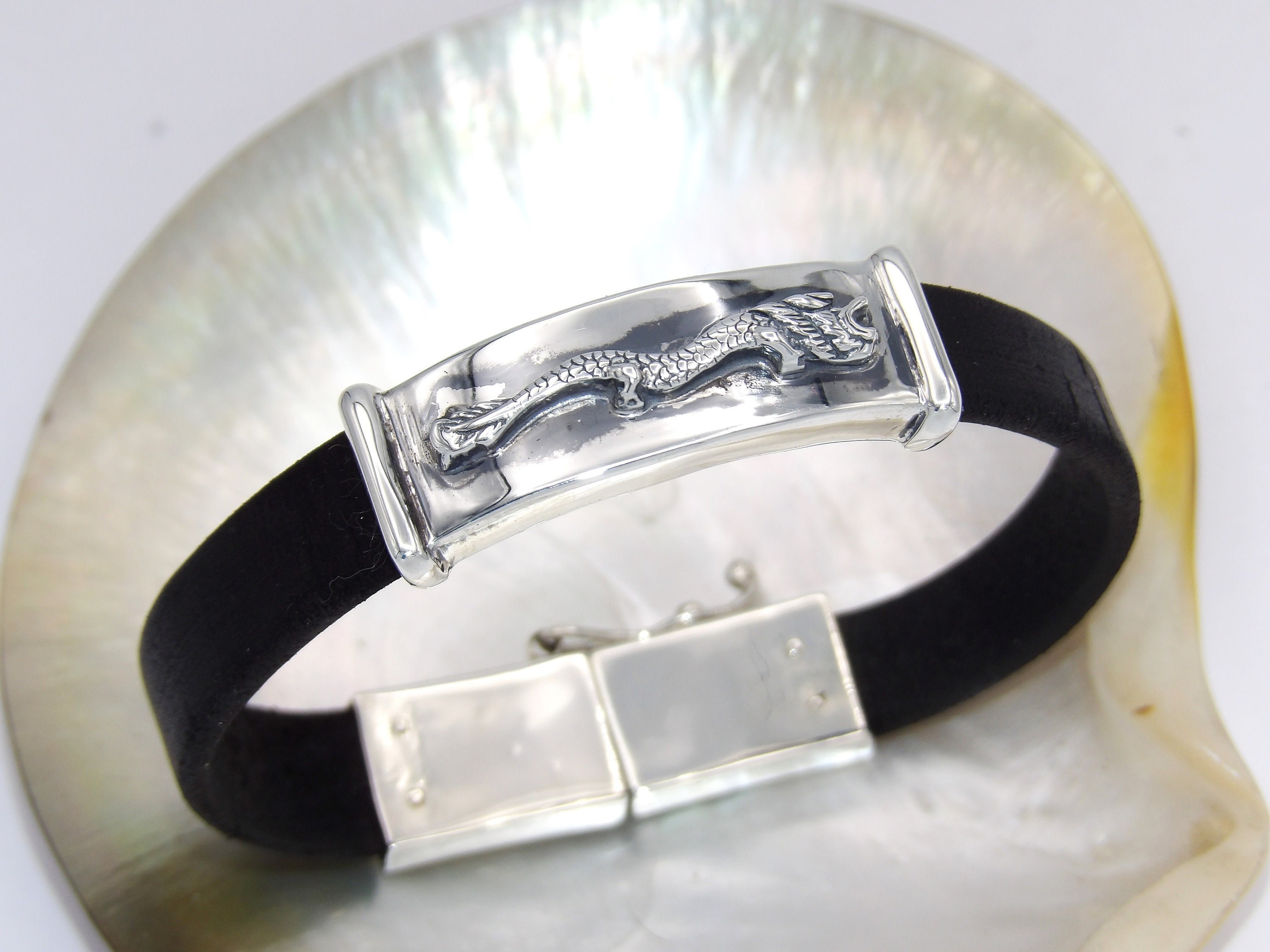 ハンドメイドスターリングシルバードラゴンブレスレット：ブラック