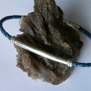 Handcrafted .925 Sterling Silver and 3 mm Braided Antique Blue Leather Cord Bracelet