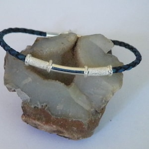 3 mm Dark Blue Bolo Braided Leather Cord Bracelet Sterling Silver .925-With Stardust