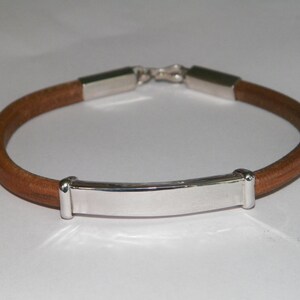 Hand made in USA Sterling Silver.925 and Natural Brown Leather Handcrafted Bracelet Bangle Cuff