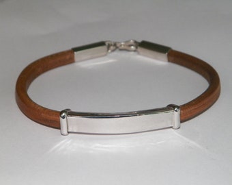 Hand made in USA Sterling Silver.925 and Natural Brown Leather Handcrafted Bracelet Bangle Cuff