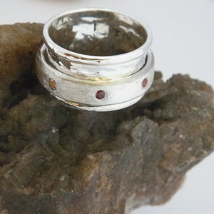 Hammered Two Band Sterling Silver Spinner Ring with 7 Multicolor CZ stones Wedding Band Ring
