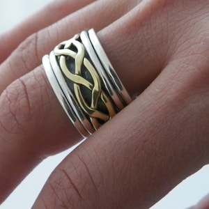 Hammered Hand Made Braided Spinner.925 Sterling Silver and Brass Ring -Custom Size