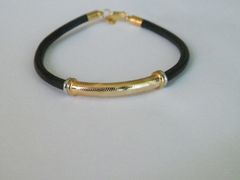 Handcrafted 4mm Leather Cord Bracelet Bangle With .925 Sterling Silver Tube 14 K Gold Plated