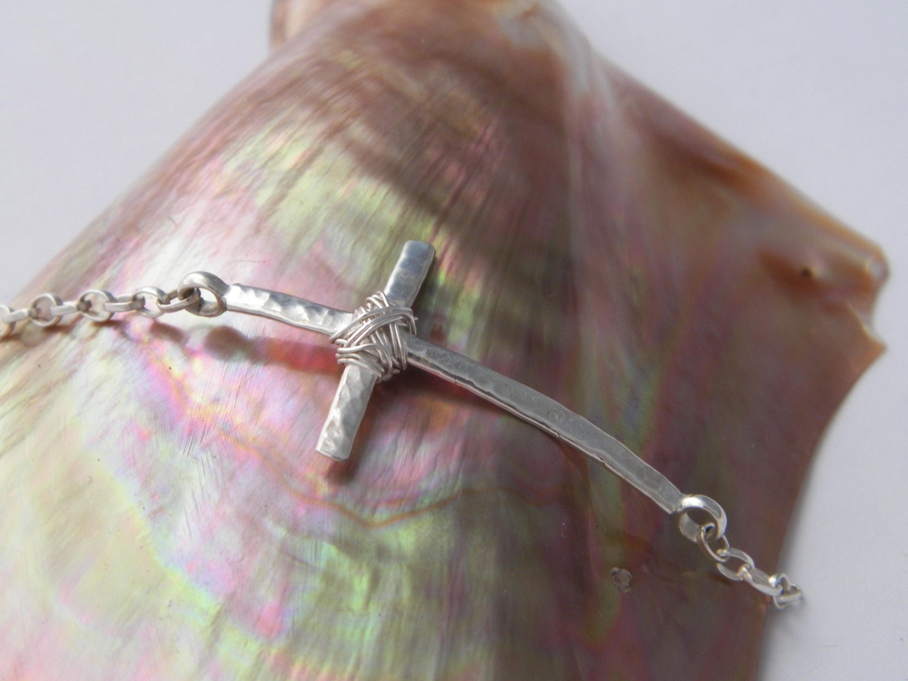 Dainty Hammered Cross Bracelet Etsy