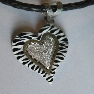 Handcrafted Enameled Zebra Design Stardust Heart Pendant  3 mm Bolo Braided Leather cord