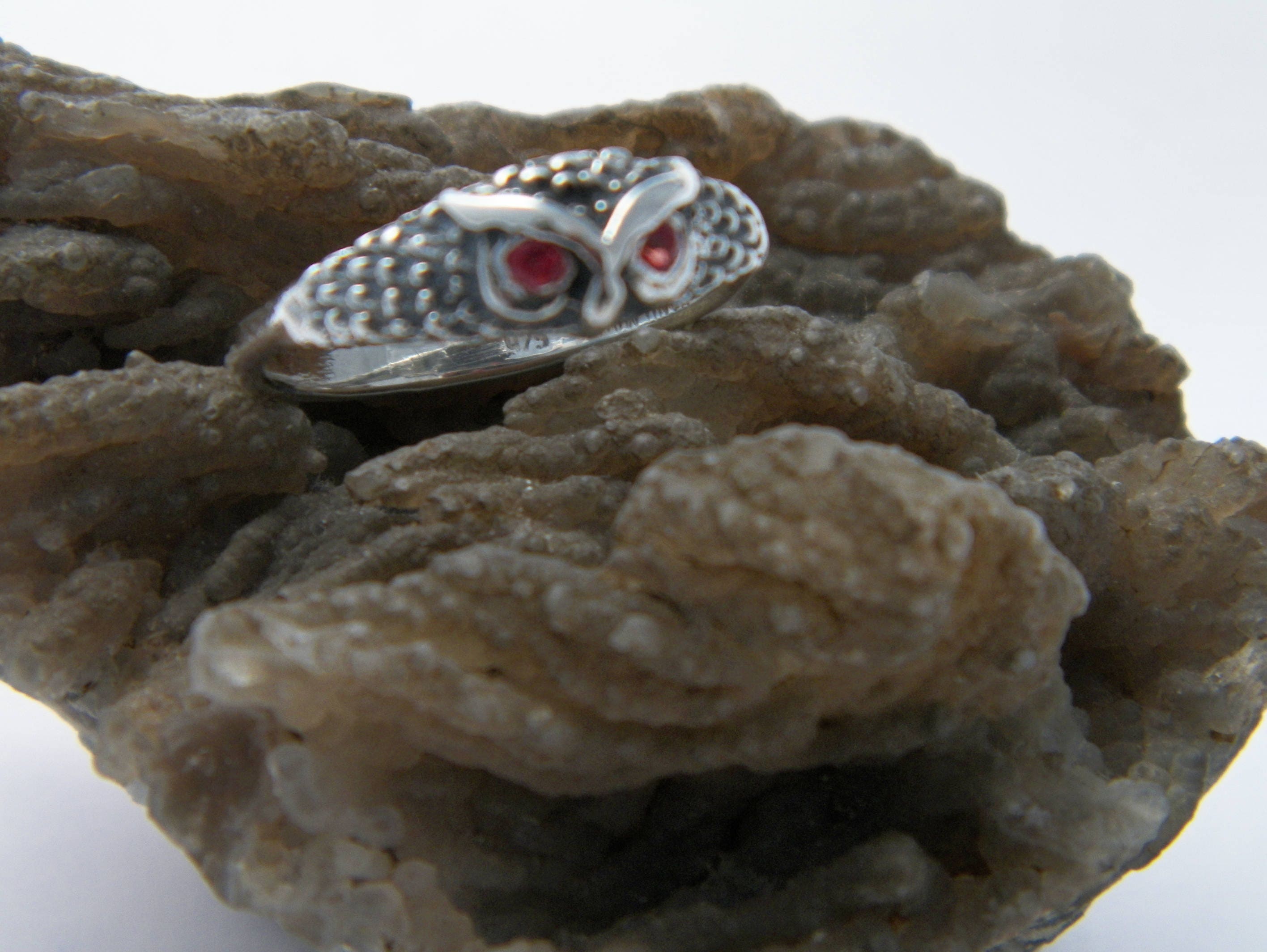 Handcrafted Natural Red Sapphire Eyes Owl .925 Sterling Silver Ring -Custom Size-Sizes 3-11