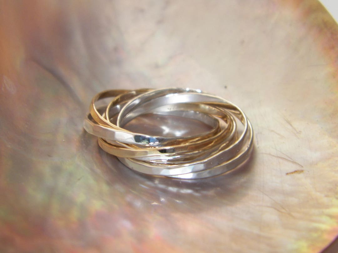 Hand Made in USA Hammered 14 K Yellow Gold and .925 Sterling