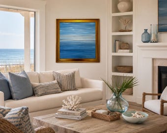 Original Blue Ocean Painting | Coastal Wall Art | Gold Horizon Abstract | Framed Seascape | Jersey Shore Inspired Artwork  28 1/2" x 28 1/2"
