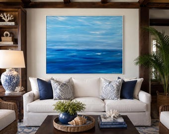 Large Original Coastal Abstract Painting 36x48 | Blue Ocean Wall Art | Modern Beach House Decor | Statement Seascape by Studio Robin B