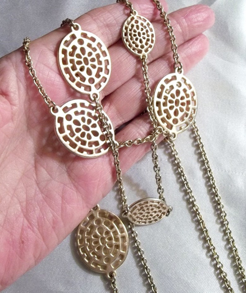 Double Strand Necklace Golden Oval Disks on Golden Chain ~29n