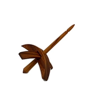 May include: A wooden spinning wheel with a brown spindle and a three-pronged base.