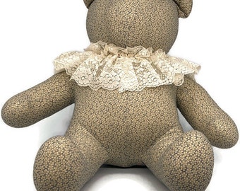 hand-made stuffed adult bear - white floral pattern