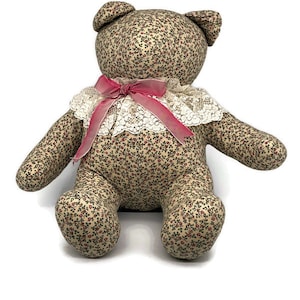 Sitting Stuffed Bear - White Floral - Antique Material