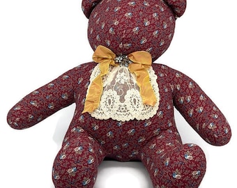 hand-made stuffed adult bear - red vines floral