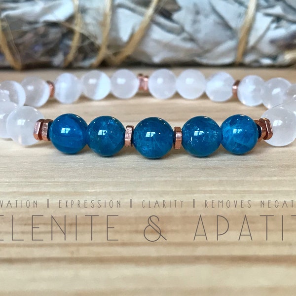 Selenite and Apatite with Copper Bracelet.