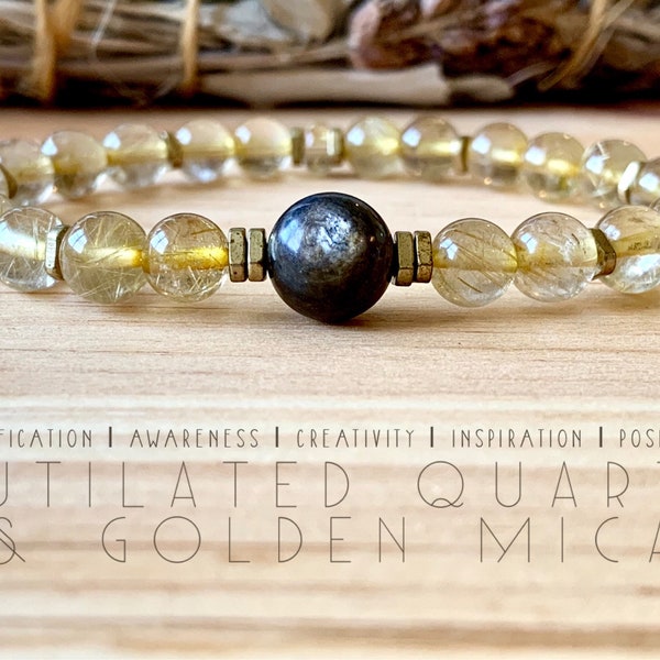 Rutilated Quartz and Golden Mica Bracelet. High Quality Gemstones. Unique, One-of-a-kind, Crystal Healing Bracelet. Boho Chic