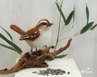 Needle felted Wren - Felted bird - Felted Carolina wren - Faux taxidermy bird - Gift for bird lover - Bird sculpture -Bird ornament