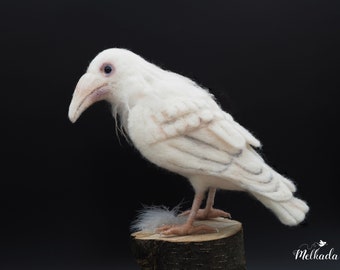 Gift for bird lover, felted white raven, spirit animal, raven sculpture, raven art, felted bird, spiritual gift, raven spirit, gothic decor