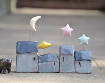 cottages in the warm evening, ceramics,handmade,star,moon