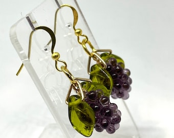 Grape Vine Fruit Dangling Earrings - Resin & Glass Beads - Purple and Green in gold setting