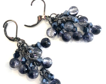 Black Grape Clustered Dangling Earrings with Lever Back Earring Hooks - Handmade