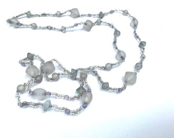 Smokey White Long Glass Beads Necklace without clasp