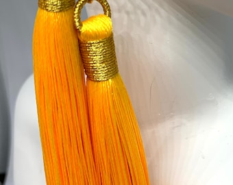Silk Tassel Dangling Earrings_YELLOW Colour with Touch of Gold_8cm long_Earring Hooks with Stopper