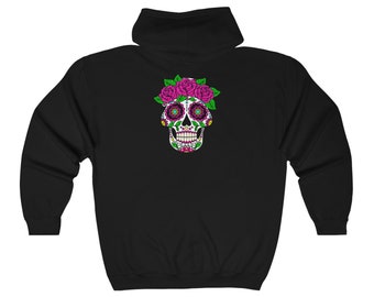 Unisex Heavy Blend Full Zip Hooded Sweatshirt - Day of the Dead Skull Pink Flowers