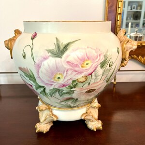 Antique Limoges Jardiniere on Stand Lion Handles