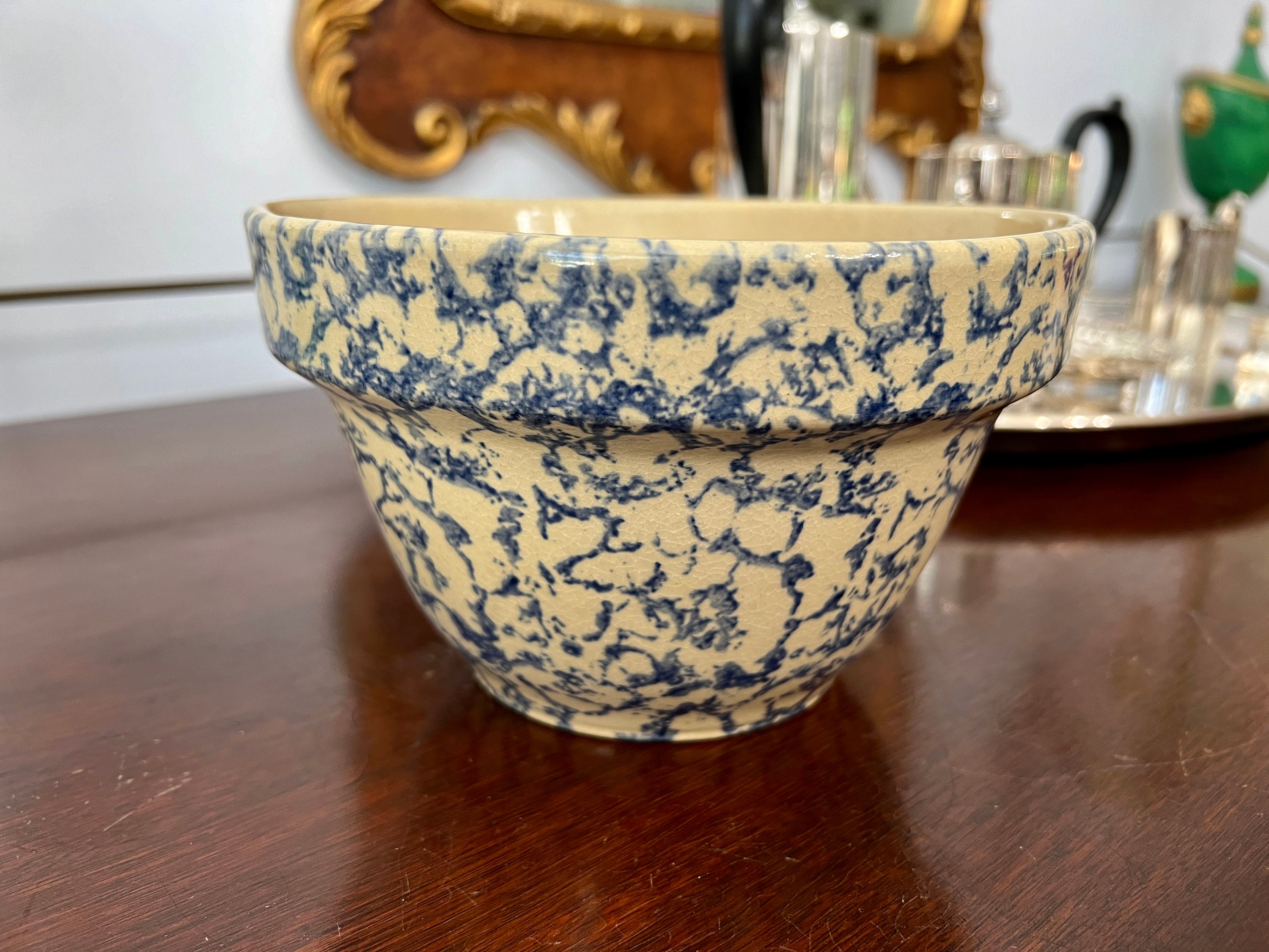 Vintage RRP Co Robinson Ransbottom 7" Blue Spongeware Mixing Bowl