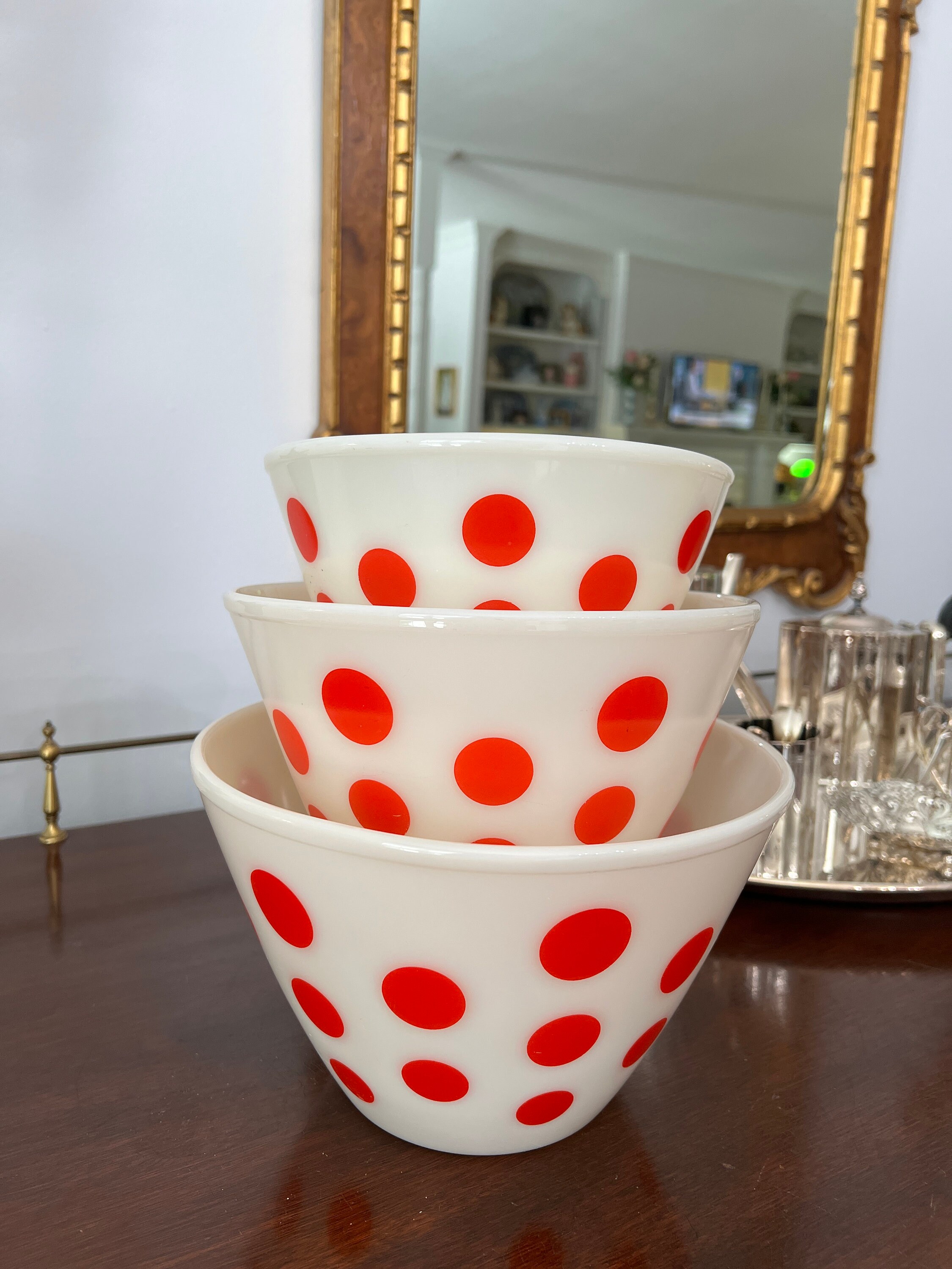 ファイヤーキング ミキシングボウルレッドドット2点セット Fireking Red Dots Bowl - Etsy