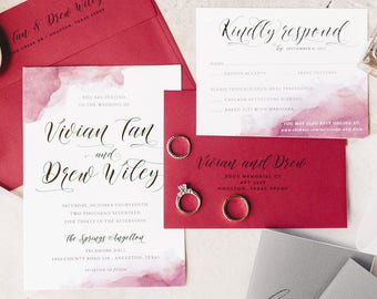 Watercolor Wedding Invitation - Gold Foil Invitations, Invitation Suite - Marsala, Fall Weddings, Calligraphy Script | Watercolor Splash