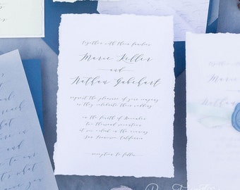 Wedding Invitation Suite, Printed Wedding Invitations with Liner - Wedding Crest, Southern, Organic, Natural, Torn Edges | Poppy Script