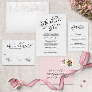 May include: Wedding invitation suite with a pink and white color scheme. The invitation features a script font with the names "Andrea and Eric" and the date "November First, Two Thousand Nineteen". The RSVP card includes a section for accepting or declining the invitation, and a space for the number of attendees. The details card includes directions and accommodation information for the wedding.