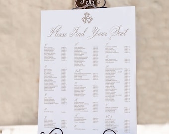 Vintage Script Chart - Seating Chart Poster - Wedding Seating Chart - Alphabetical, By Table Number - Printed Seating Arrangement Card